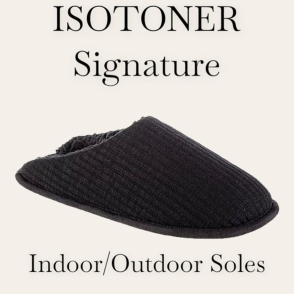 ISOTONER Signature Black Rib-Knit Sherpa-Lined Rubber Sole Scuff Slippers NWT